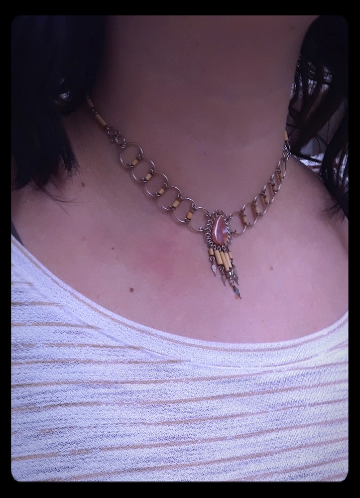 Handmade, silver wrapped coral & grass necklace